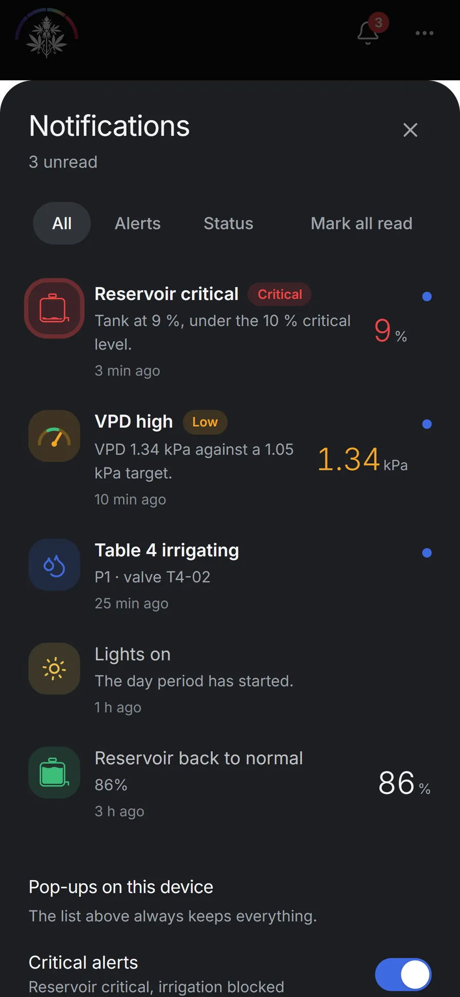 Notification centre on Android with a critical reservoir alert, a low VPD alert and status updates
