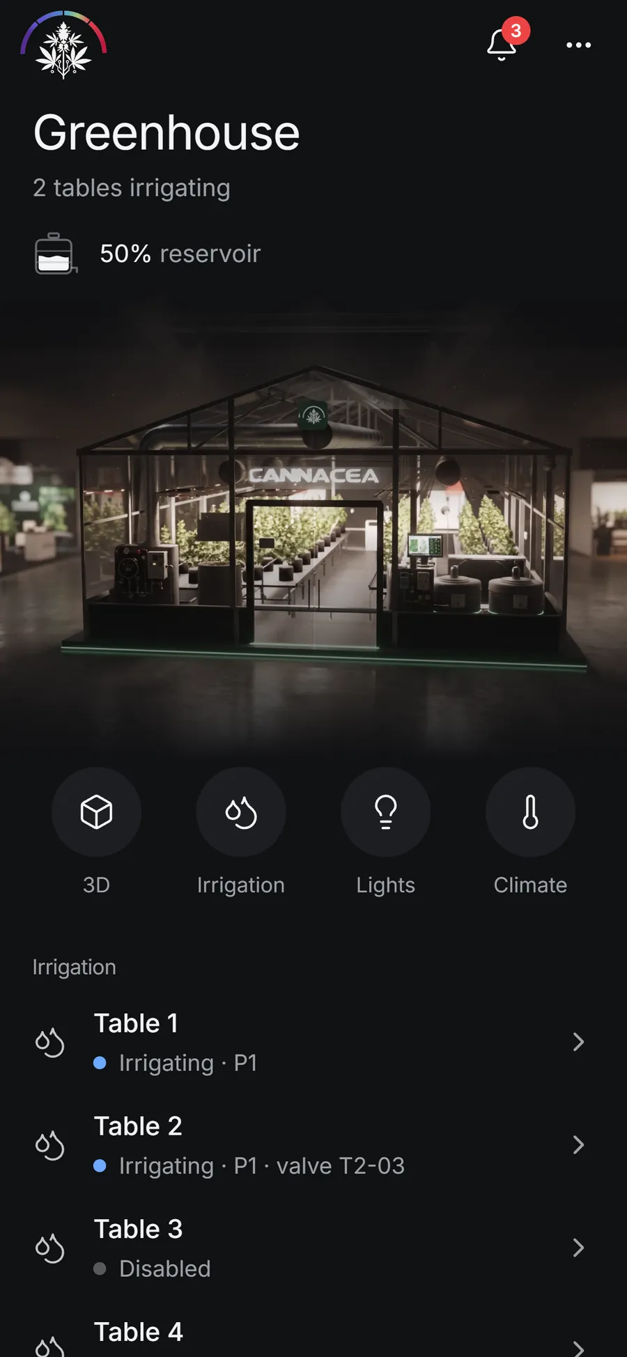 CANNACEA Grow on Android: the greenhouse front with shortcuts to 3D, irrigation, lights and climate